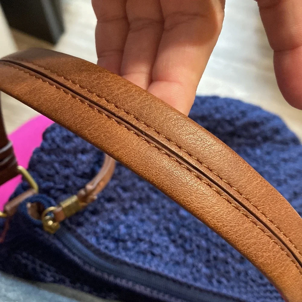 The Sak Navy Crochet Shoulder Bag with Brown Leather Straps